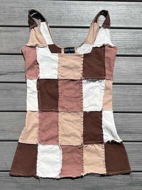 Current Mood; Brown/White/Cream Patchwork; Mini Dress; Square Neck; Side Zip; XL